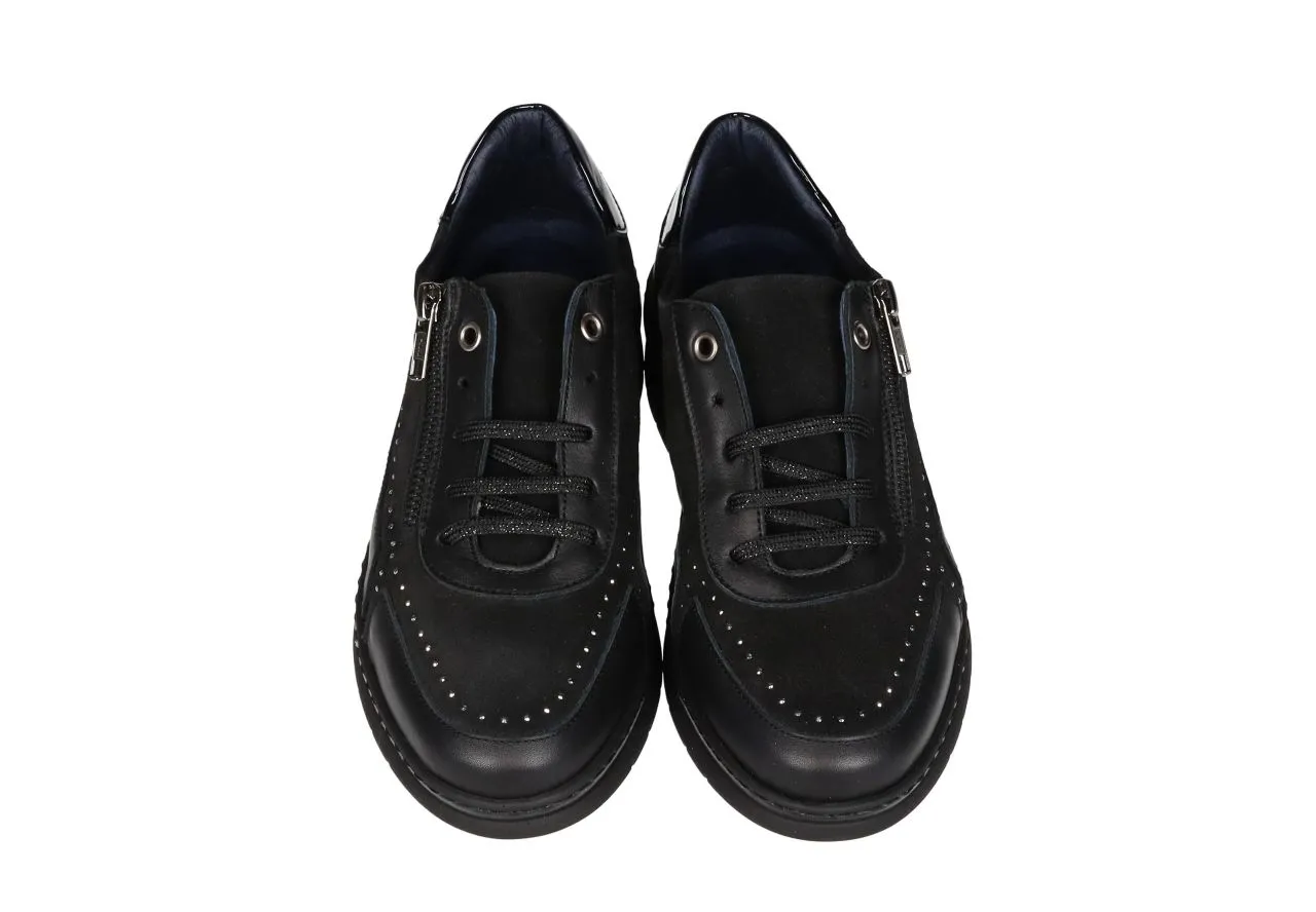 Blucher Piel/ante Negro Lado Cremallera Brillantitos Metal