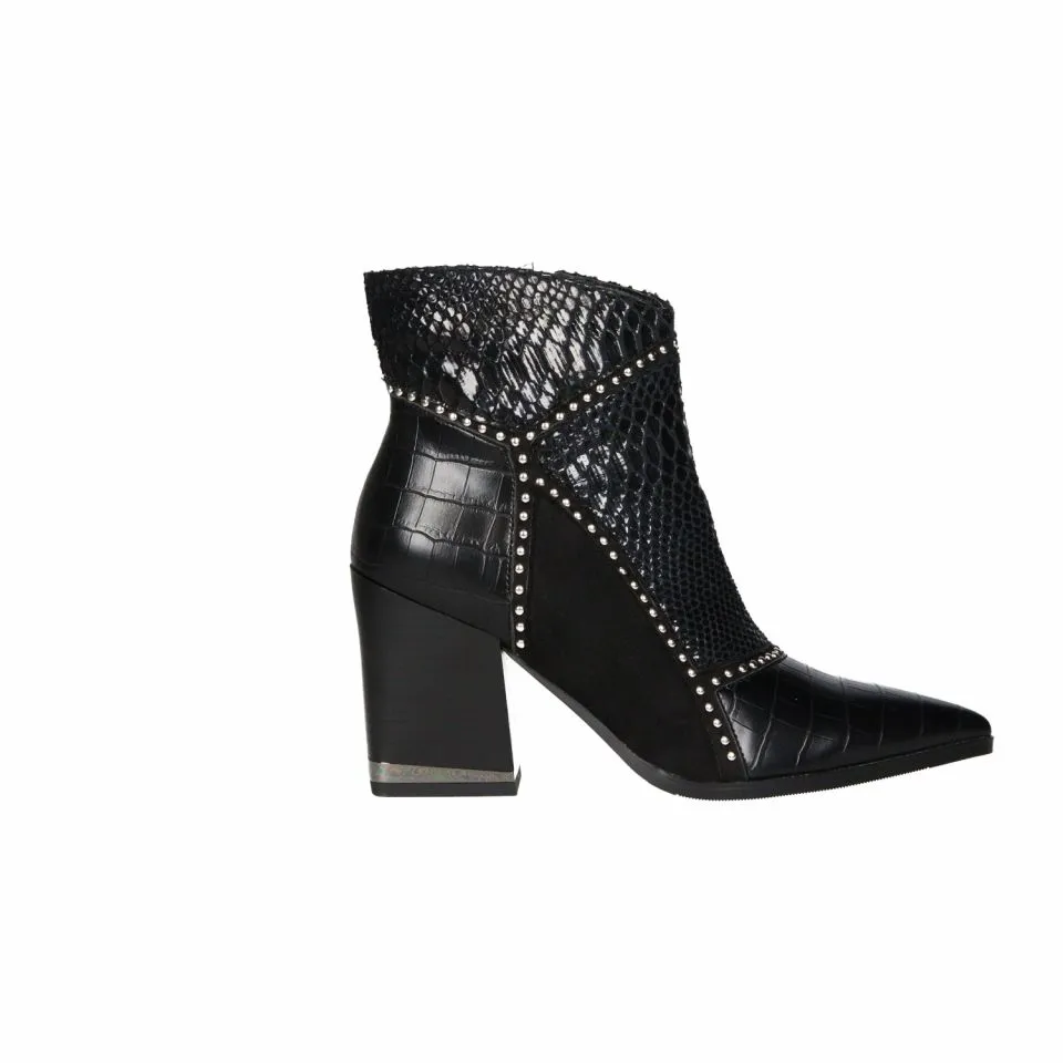 Botin Cremallera Piel/ante Negro Tachas Plateadas Tacon Alto