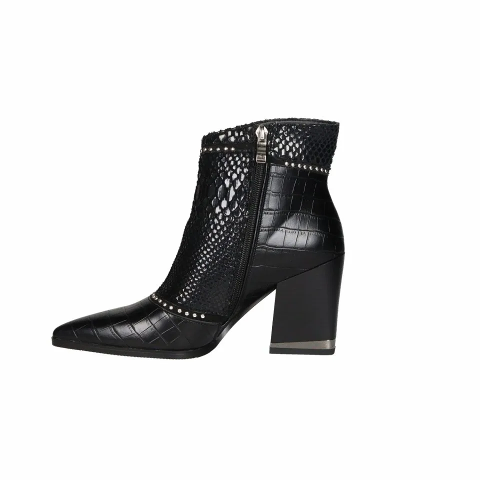 Botin Cremallera Piel/ante Negro Tachas Plateadas Tacon Alto