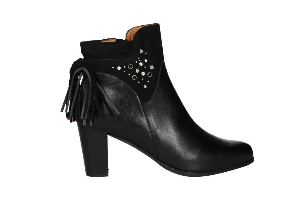 Botin Piel Negro Cremallera Empeine Ante Tachas Borla Traser