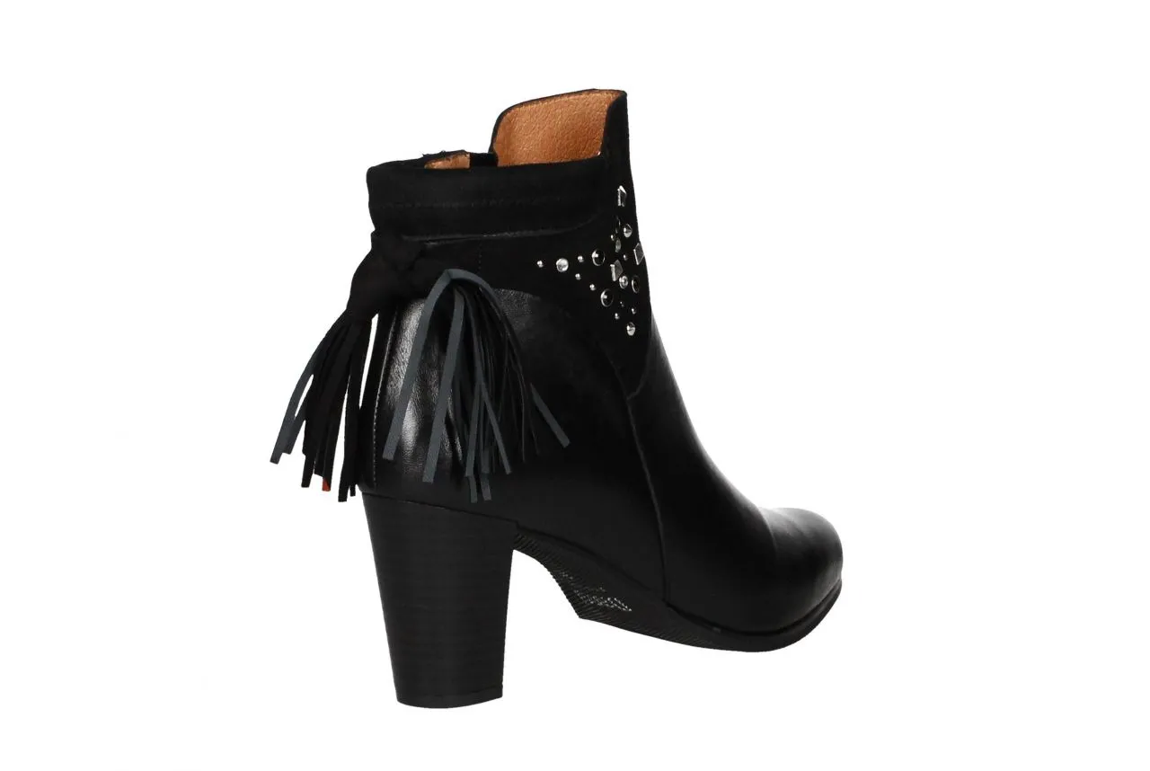 Botin Piel Negro Cremallera Empeine Ante Tachas Borla Traser