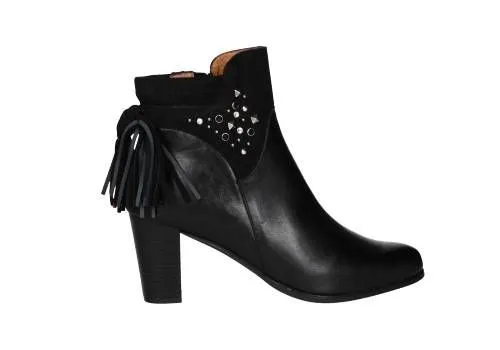 Botin Piel Negro Cremallera Empeine Ante Tachas Borla Traser