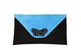 Cartera Ante Azulon/negro Tapa Adorno Pedreria