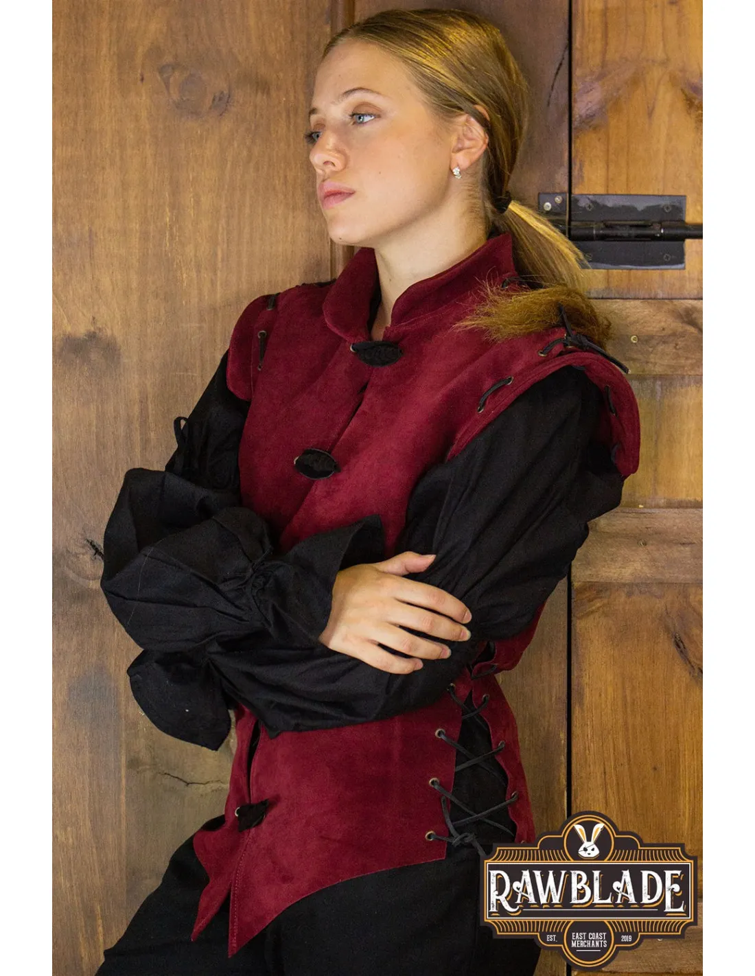 Jubón medieval Diego en piel de serraje para mujer- Rojo