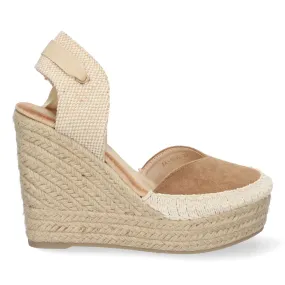 Sandalias alpargatas de cuña alta yute pala crochet mujer camel