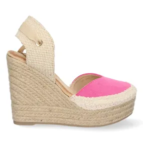 Sandalias alpargatas de cuña alta yute pala crochet mujer fucsia