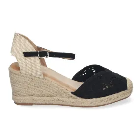 Sandalias de cuña en yute cómoda bordada color negro JNS-5Q35