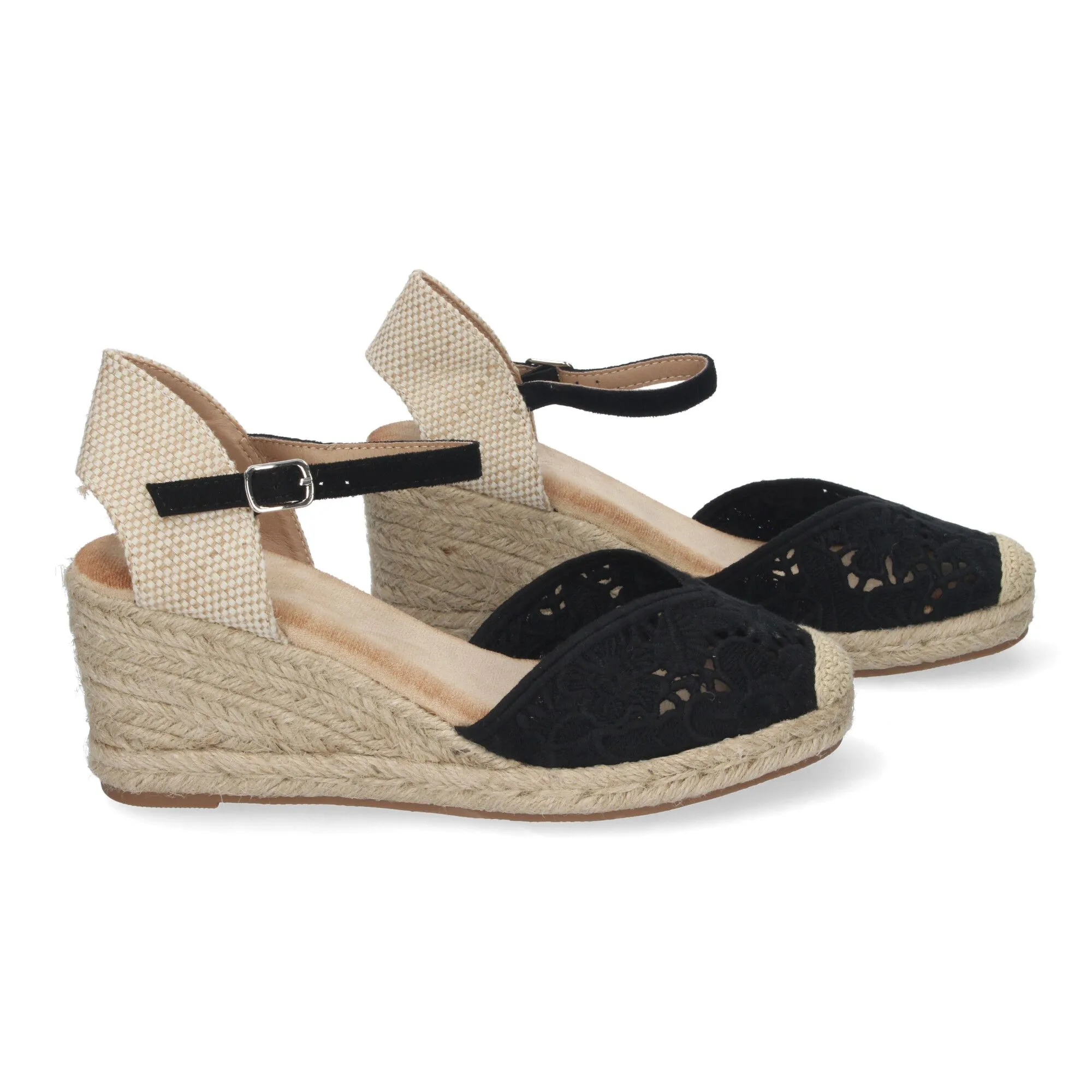 Sandalias de cuña en yute cómoda bordada color negro JNS-5Q35