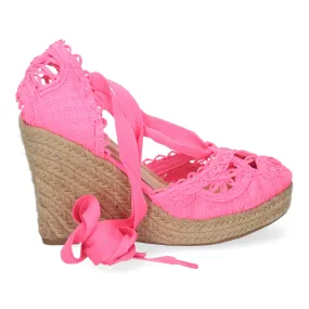 Sandalias de cuña media en yute cierre lazos para mujer color fucsia YZ19-53